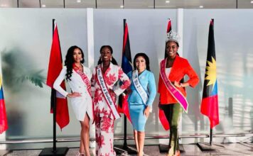 Photo: (Left to Right)-Reigning St.Kitts-Nevis National Carnival Queen 22- year-old Shafeyah Guishard, Miss Antigua and Barbuda-Ischkielle Corbin, Miss British Virgin Islands-Jareena Penn and the reigning Miss Jaycees Queen Nekirah Nicholls of St.Kitts-Nevis pose for a photo while in Antigua. (Credit: Facebook/JayceesQueenShow-JCI Antigua)