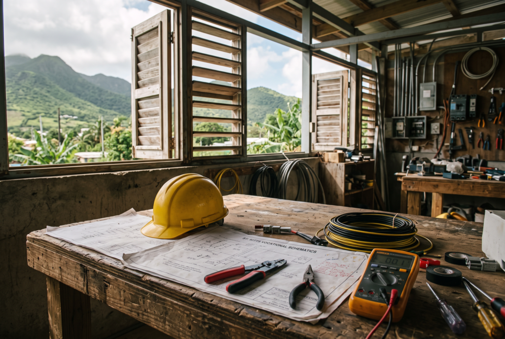 Vocational training workbench with electrician tools, St. Kitts