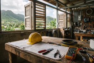 Vocational training workbench with electrician tools, St. Kitts