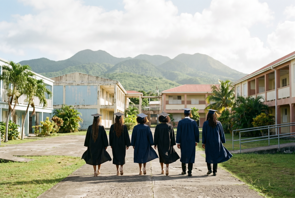 Graduates cross the courtyard as another school year closes. AI-generated image.