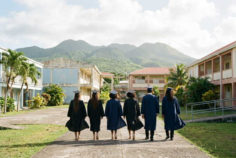 Graduates cross the courtyard as another school year closes. AI-generated image.