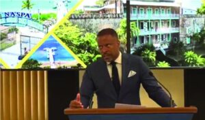 Premier Mark Brantley speaking at his monthly press conference