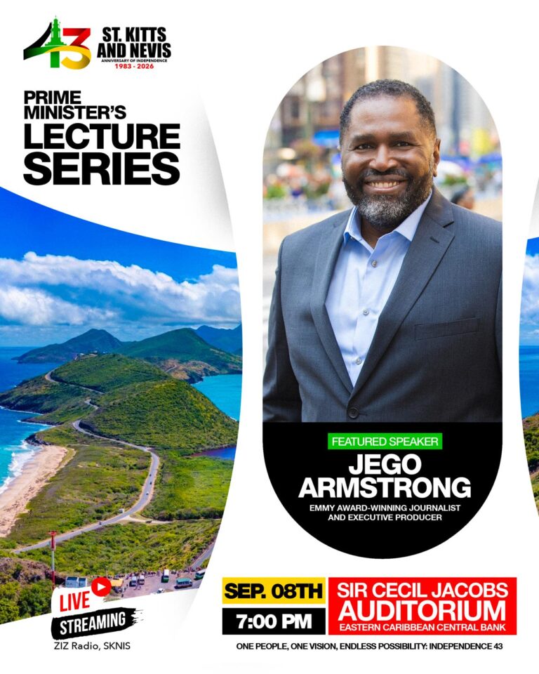 Promotional flyer: Emmy Award-winning journalist Jego Armstrong, featured speaker for the 28th Prime Minister's Independence Lecture Series, September 8 at the Sir Cecil Jacobs Auditorium, ECCB.