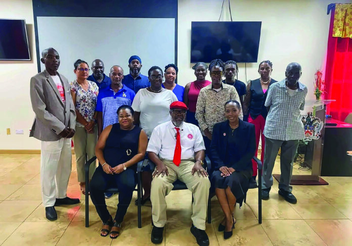 The-Union-Exec Fifteen of the sixteen members (Officers and Floor Members) of the newly installed St. Kitts-Nevis Trades and Labour Union (SKNT&LU) Executive Committee for the 2026-2027 term pose for a group photogr