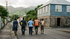 Workers from different trades walking together along a street in Basseterre