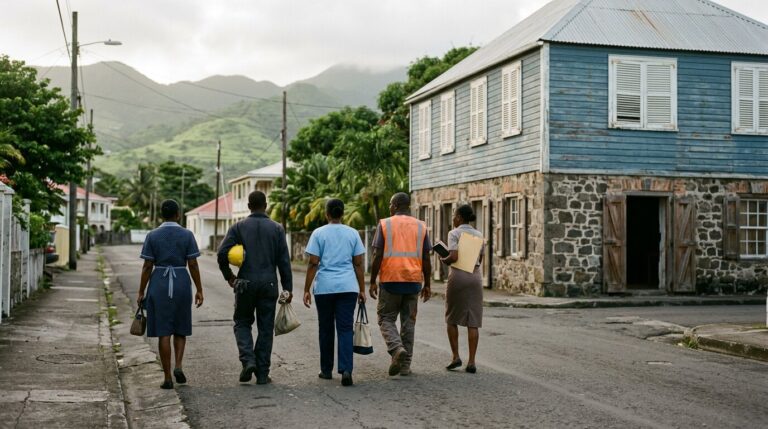 Workers from different trades walking together along a street in Basseterre