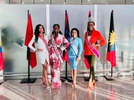 Photo: (Left to Right)-Reigning St.Kitts-Nevis National Carnival Queen 22- year-old Shafeyah Guishard, Miss Antigua and Barbuda-Ischkielle Corbin, Miss British Virgin Islands-Jareena Penn and the reigning Miss Jaycees Queen Nekirah Nicholls of St.Kitts-Nevis pose for a photo while in Antigua. (Credit: Facebook/JayceesQueenShow-JCI Antigua)