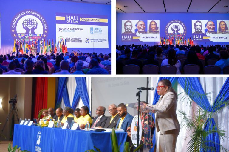 Top left, announcement of the induction of NCCU into CCCU digital Hall of Fame, and top right induction of Mr Melvin Edwards in the CCCU digital Hall of Fame by General Manager Ms Denise Garfield in Punta Cana. Below: Ms Garfield at the NCCU 52nd AGM.